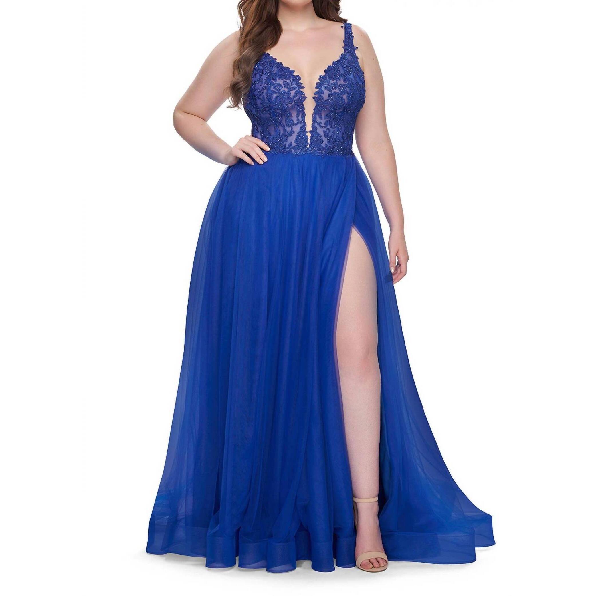 New La Femme Lace Embroidered Plunging V-Neckline A-Line Gown In Royal